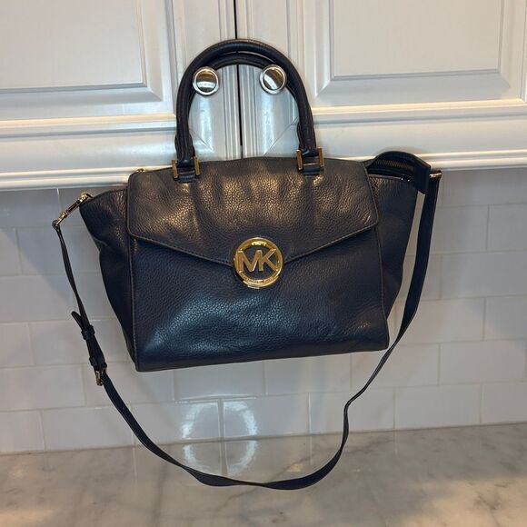 Michael Kors Navy Hudson Medallion Flap Satchel - Picture 3 of 16